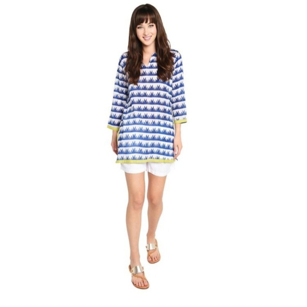 Oliphant Tunic Blue‎ Geometric Caftan Swim Cover-Up Top Size S Cotton India
